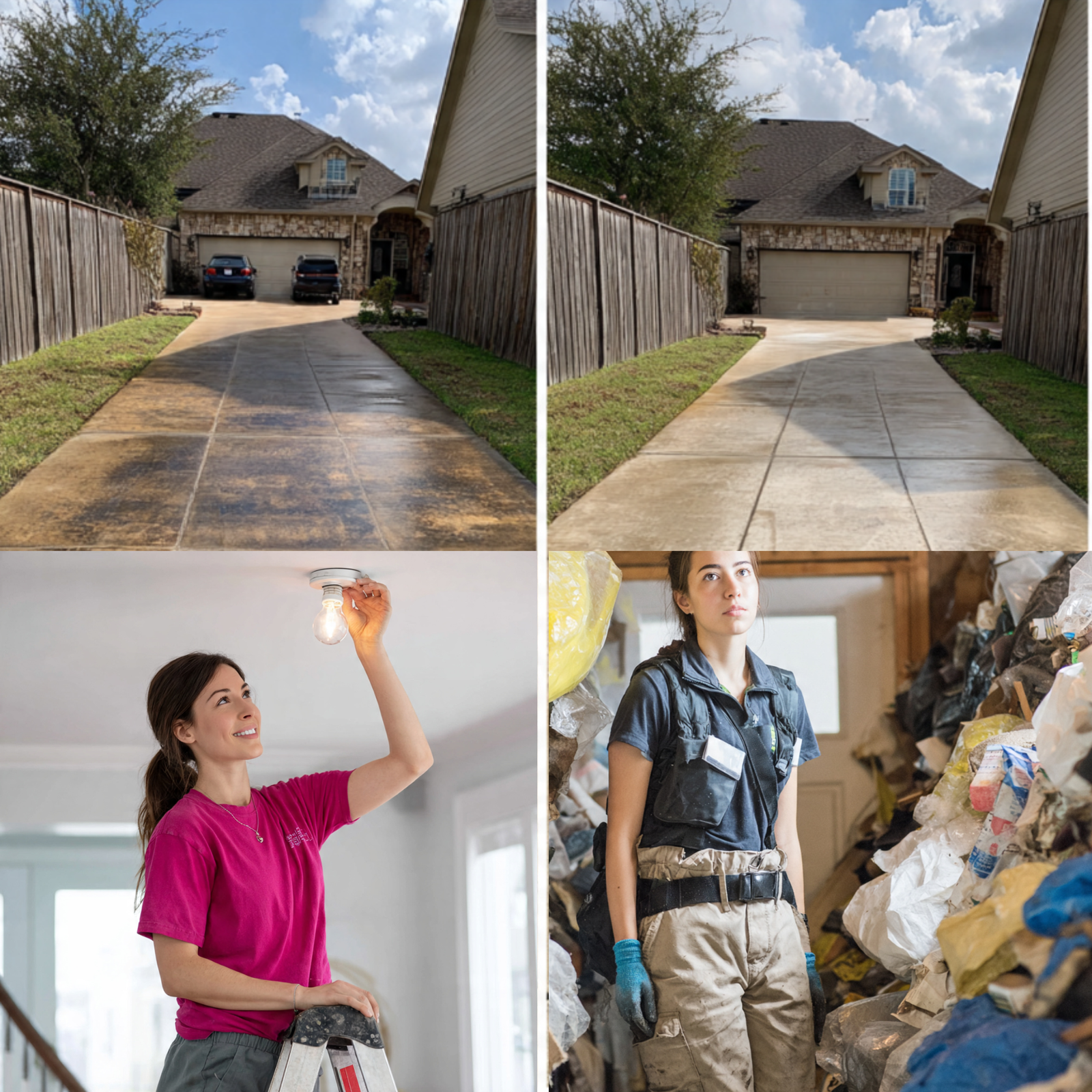 Before and after pressure washing comparison of two-story house in Utica NY, left side shows dirty algae-covered siding, right side shows clean restored appearance, Rasberies Cleaning Services