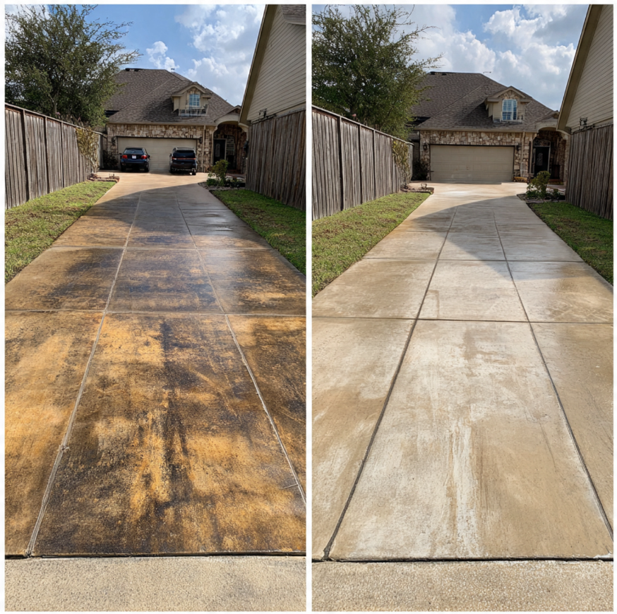 Before and after pressure washing comparison of two-story house in Utica NY, left side shows dirty algae-covered siding, right side shows clean restored appearance, Rasberies Cleaning Services